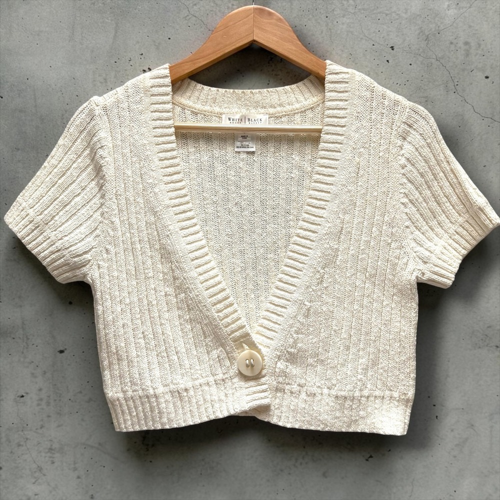 White House Black Market Cream Cropped Short Sleeve Cotton Cardigan Sweater L